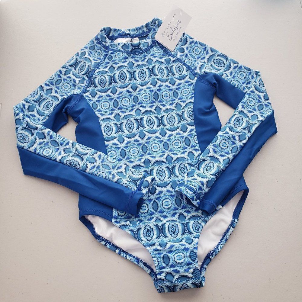 Cabana Life Little Girls Road Map Swim Unisuit 4 / 4T Exclusive Blue Long Sleeve